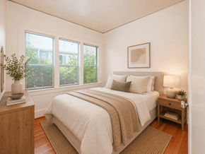 Portland triplex for rent - A bedroom with a bed, nightstand, and window.
