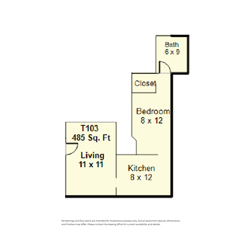 Floor plan for 1 bed, 1 bath, 550 sqft