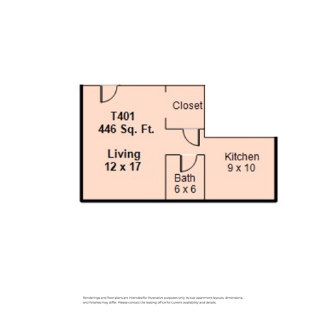 Floor plan for studio, 1 bath, 375 sqft