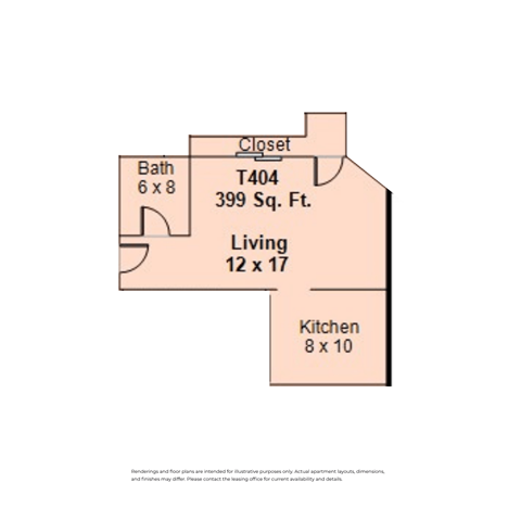 Floor plan for studio, 1 bath, 335 sqft