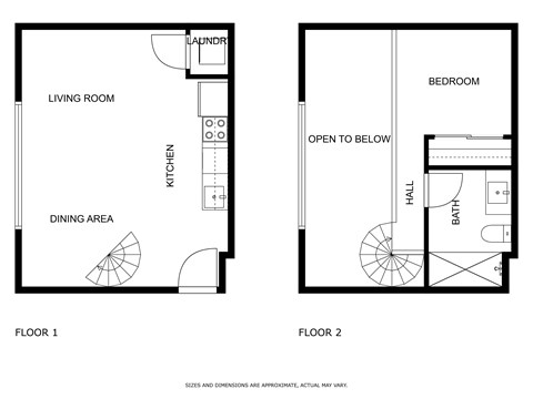 Floor plan for 1 bed, 1 bath, 543 sqft