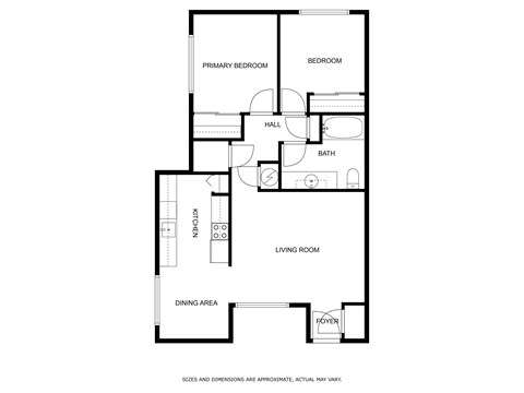 Floor plan for 2 beds, 1 bath, 980 sqft