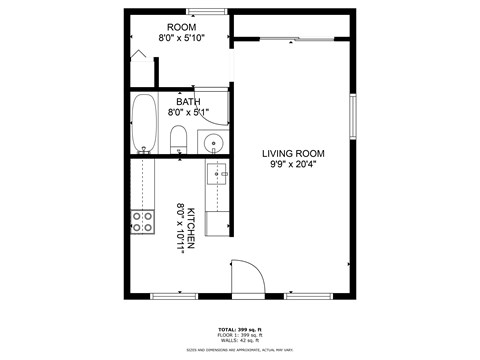 Floor plan for studio, 1 bath, 600 sqft
