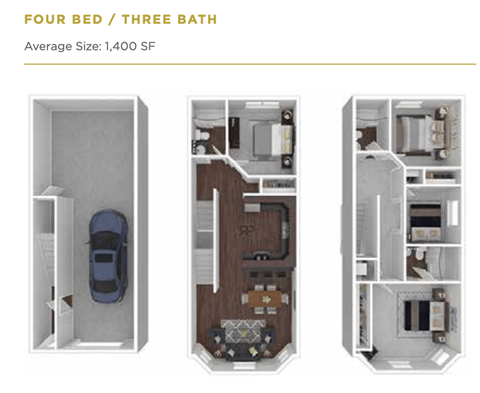 Floor plan for 4 beds, 3 baths, 1400 sqft