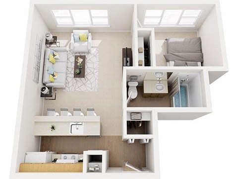 Floor plan for 1 bed, 1 bath, 625 sqft