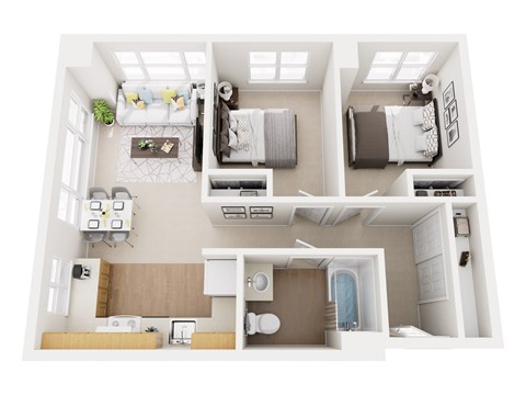 Floor plan for 2 beds, 2 baths, 725 sqft