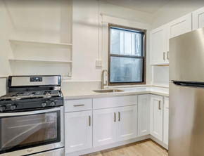 Portland apartment for rent - A modern kitchen with a stove, sink, and refrigerator.