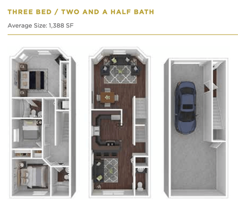 Floor plan for 3 beds, 2.5 baths, 1400 sqft