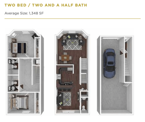 Floor plan for 2 beds, 2.5 baths, 1348 sqft