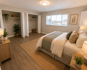 Milwaukie townhouse for rent - A bedroom with a large bed and a window overlooking a cityscape.
