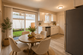 Milwaukie townhouse for rent - A kitchen with a table and chairs in front of a window.