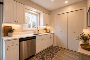 Milwaukie townhouse for rent - A kitchen with white cabinets and a stainless steel dishwasher.