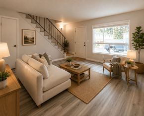 Milwaukie townhouse for rent - A living room with a white couch, a wooden coffee table, and a staircase.