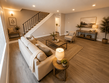 Milwaukie townhouse for rent - A well-lit living room with a white sofa and wooden floors.