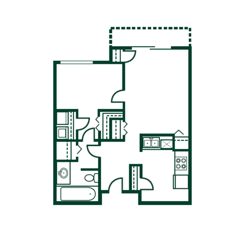 Floor plan for 1 bed, 1 bath, 749 sqft