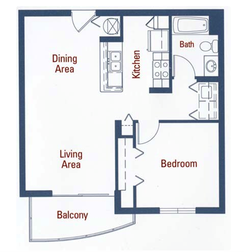 Floor plan for 1 bed, 1 bath, 940 sqft
