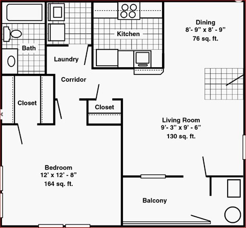 Floor plan for 1 bed, 1 bath, 720 sqft
