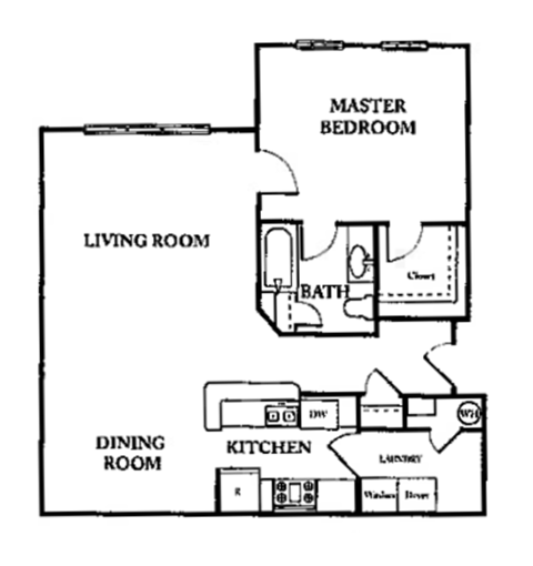 Floor plan for 1 bed, 1 bath, 898 sqft