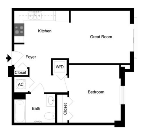Floor plan for 1 bed, 1 bath, 559 sqft