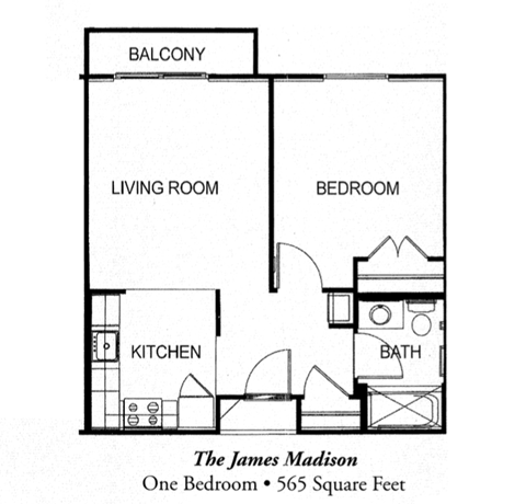 Floor plan for 1 bed, 1 bath, 565 sqft