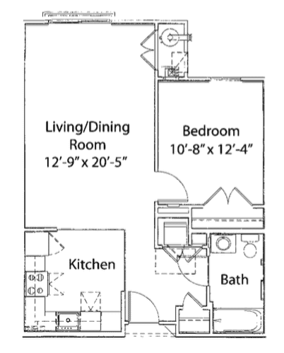 Floor plan for 1 bed, 1 bath, 782 sqft