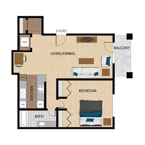 Floor plan for 1 bed, 1 bath, 726 sqft