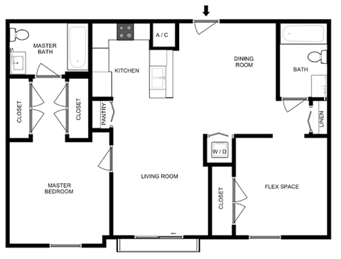 Floor plan for 1 bed, 2 baths, 838 sqft