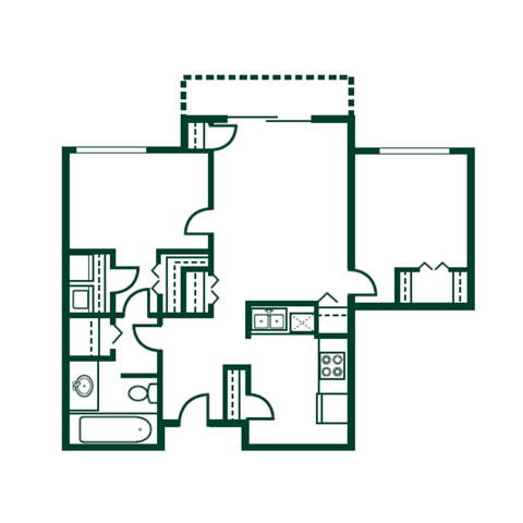 Floor plan for 2 beds, 1 bath, 912 sqft