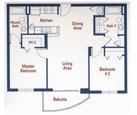 Floor plan for 2 beds, 2 baths, 940 sqft