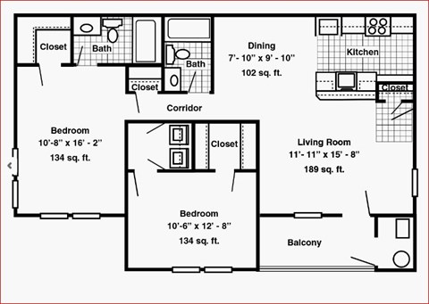 Floor plan for 2 beds, 2 baths, 976 sqft