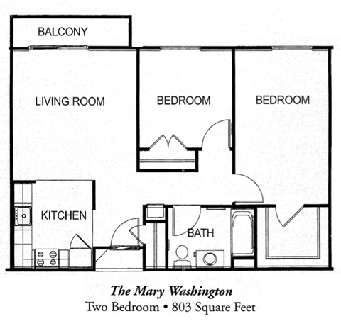 Floor plan for 2 beds, 1 bath, 803 sqft