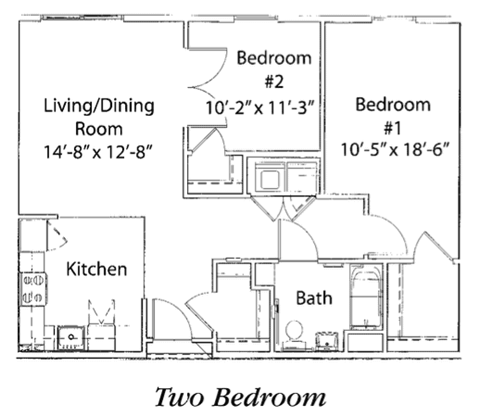 Floor plan for 2 beds, 1 bath, 1012 sqft