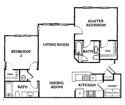 Floor plan for 2 beds, 2 baths, 1086 sqft