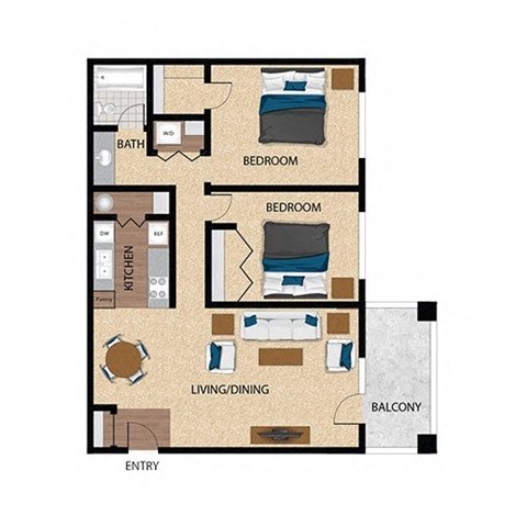 Floor plan for 2 beds, 1 bath, 950 sqft