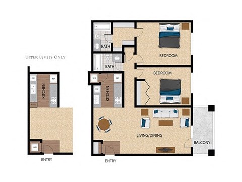 Floor plan for 2 beds, 2 baths, 1025 sqft