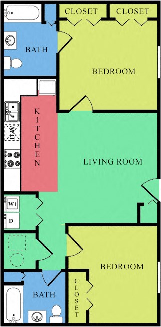 Floor plan for 2 beds, 2 baths, 898 sqft