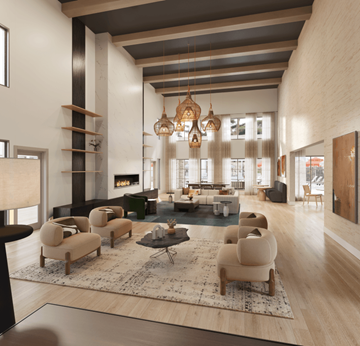 Bradenton apartment for rent - a rendering of a living room with furniture and a fireplace