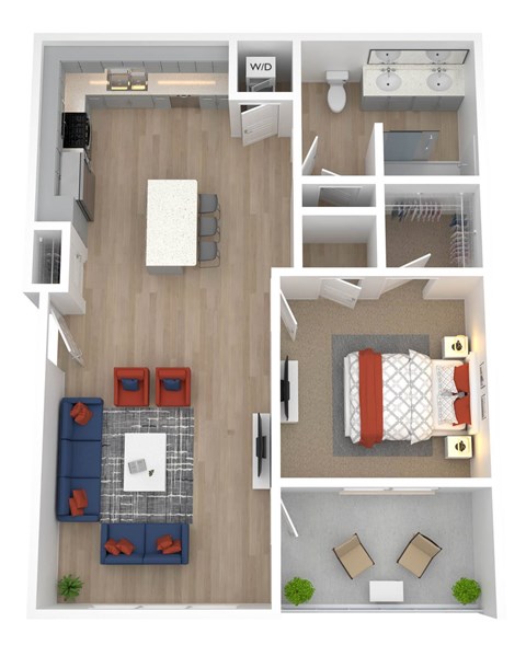 Floor plan for 1 bed, 1 bath, 687 sqft