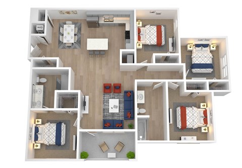 Floor plan for 4 beds, 2 baths, 1315 sqft
