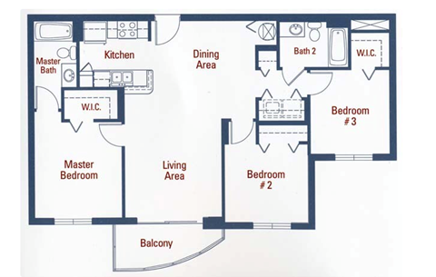 Floor plan for 3 beds, 2 baths, 940 sqft