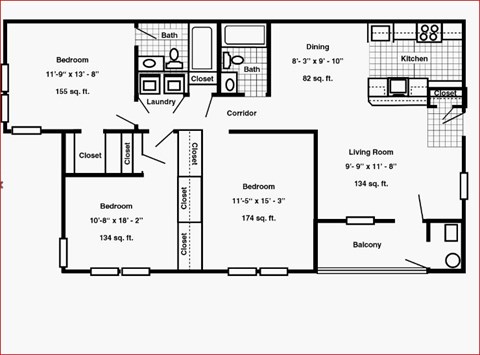 Floor plan for 3 beds, 2 baths, 1172 sqft