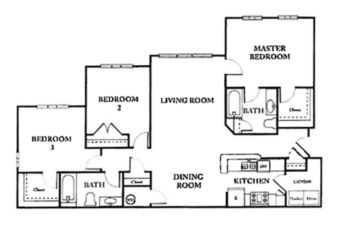 Floor plan for 3 beds, 2 baths, 1287 sqft