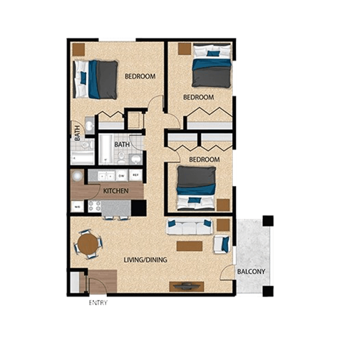 Floor plan for 3 beds, 2 baths, 1211 sqft