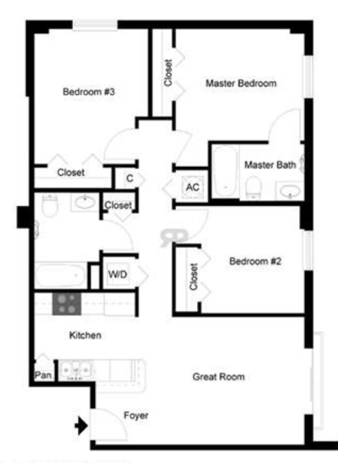 Floor plan for 3 beds, 2 baths, 959 sqft