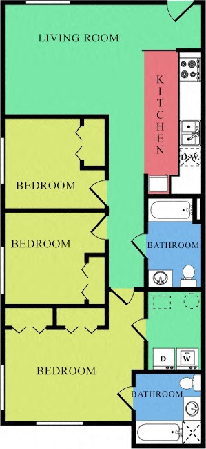 Floor plan for 3 beds, 2 baths, 1309 sqft