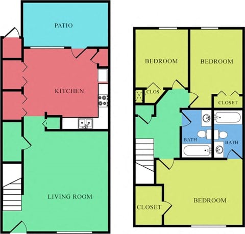 Floor plan for 3 beds, 2 baths, 1309 sqft