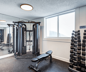 Miami apartment for rent - A gym with a variety of equipment including a leg press machine, a bench, and a rack of dumbbells.