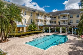 Port Richey apartment for rent - A large swimming pool is surrounded by a brick patio and palm trees.
