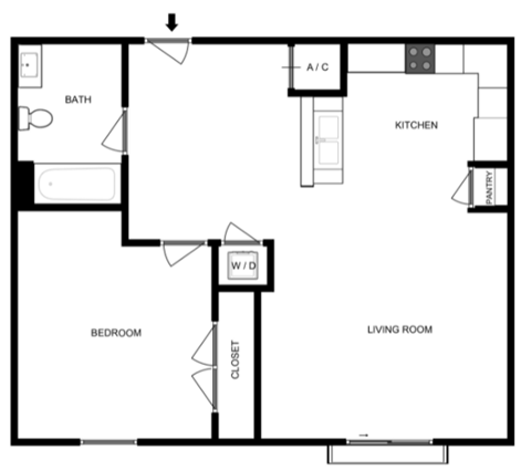 Floor plan for 1 bed, 1 bath, 559 sqft