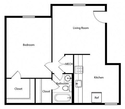 Floor plan for 1 bed, 1 bath, 762 sqft